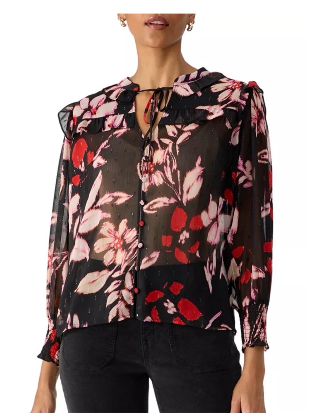 Sanctuary Sheer Floral Tie-Neck Blouse in Black with Pink & Red
